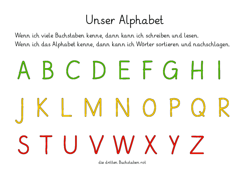 das Alphabet - grüne, gelbe und rote Buchstaben